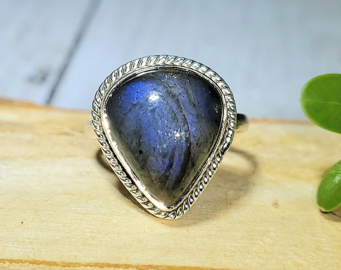 Natural Blue Flash Labradorite .925 Sterling Silver Ring Size Adjustable 8.5-9.5 6 Grams 3/4" x 5/8" EF40