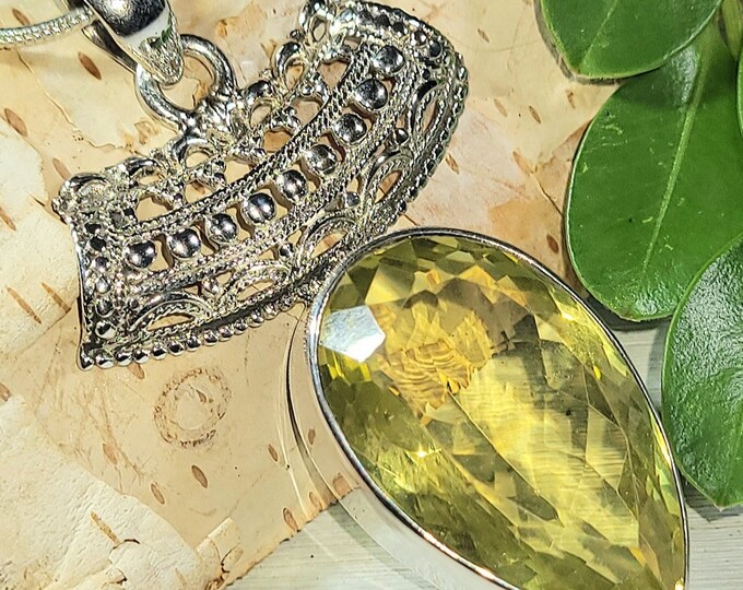 Natural High Luster Lemon Quartz .925 Sterling Silver Pendant 2" x 1 1/8" 12 Grams E09 Eye-Clean Stone