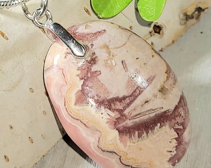 Natural Top Quality Rhodochrosite Oval Cabochon  .925 Sterling Silver Pendant 1 1/2" x 7/8" EH30 Sterling Silver Bail