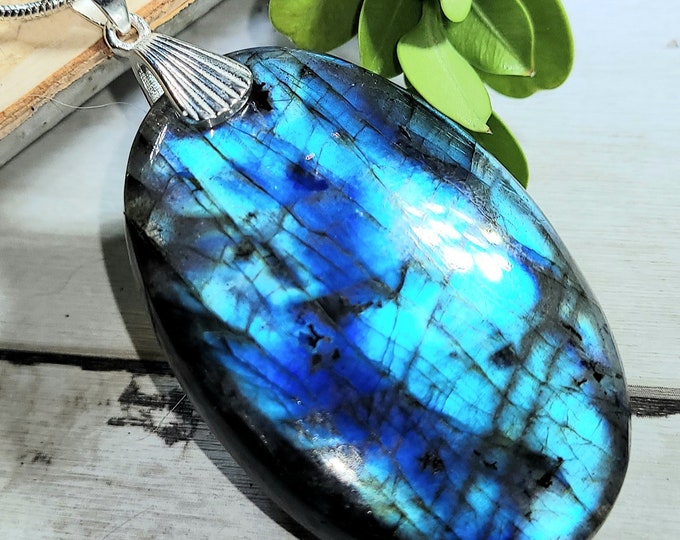 Natural Large Blue Flash Labradorite Oval Cabochon .925 Sterling Silver Pendant  2 3/8" x 1 1/8" EM17 24 Grams Heavy Duty Designer Bail