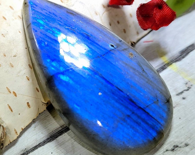 Natural Premium AAA Blue Flash Labradorite Pear Cabochon 75ct 46mm x 25mm Wire Wrapping, Weaving, Pendant, Collector DA19