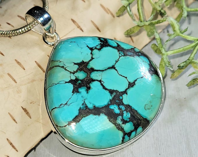 Tibet Turquoise Pendant, Sterling Silver Turquoise Pendant, Tibetan Turquoise Boho Pendant, Statement Pendant HT01 Boho Pendant