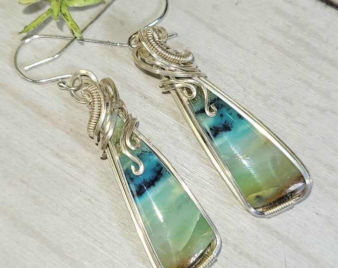 Blue Opal Earrings, Petrified Wood Earrings, Sterling Silver Blue Opalized Petrified Earrings, Sterling Silver Blue Opal Earrings GE33