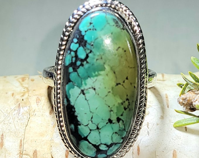 Natural Premium Grade Tibet Turquoise Handmade .925 Sterling Silver Ring Size 8.5 8 Grams Face 1 1/8" x 5/8" AL06