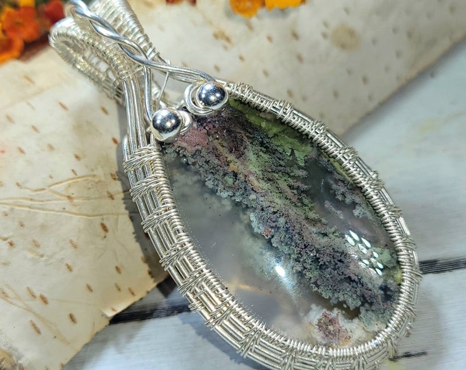 Natural Moss Agate Pendant,  Wire Wrapped .925 Silver Pendant, Sterling Silver Wire Wrapped pendants, Handmade Stone Jewelry DB06