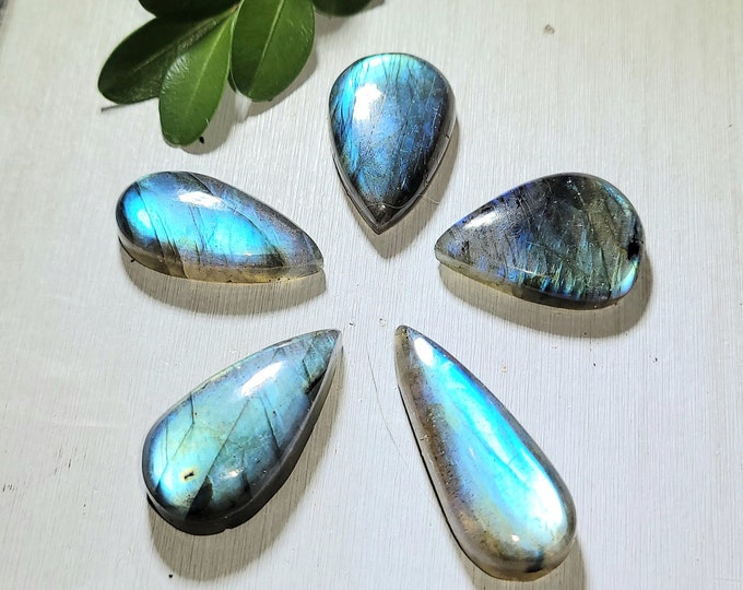 Natural High Grade Labradorite Pear Cabochons 90ct 5 Stone Lot Wire Wrapping, Weaving, Rings or Pendant AD37 Mixed Sizes