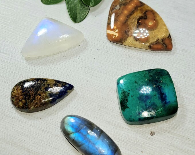 Natural Labradorite, Ocean Jasper, Zarinite, Moonstone & Chrysocolla 70ct Cabochons Mixed Lot 5 Stone Wire Wrap, Weaving AS23
