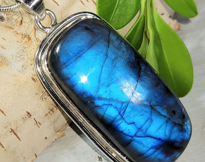 Natural AAA Grade Blue Flash Labradorite .925 Sterling Silver Pendant 2" x 7/8" 16 Grams EJ15