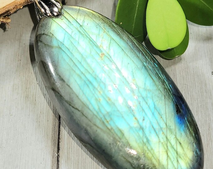 Natural Top Choice Multi Flash Labradorite Oval Cabochon .925 Sterling Silver Pendant 2 9/16" x 1" LB05 Sterling Silver Rhodium Plated Bail
