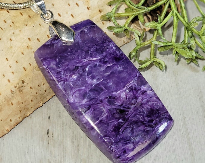 Charoite Pendant, Rectangle Charoite Sterling Silver Pendant, Handmade Charoite Sterling Silver Pendant, Gift for Her, Gift for Him, HE32