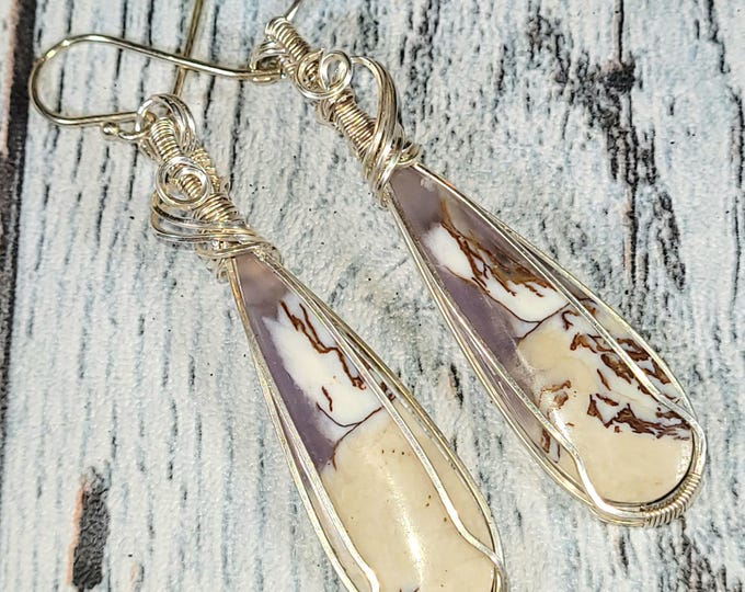 Natural Picasso Jasper Pear Wire Wrapped .925 Silver Earrings, Sterling Silver Wire Wrapped Earrings, Handmade Stone Jewelry JF15