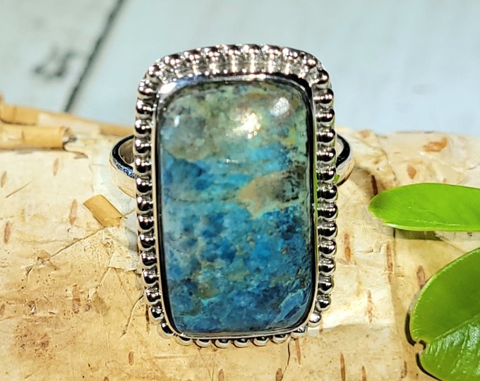 Natural Good Quality Shattuckite Handmade Rectangle .925 Sterling Silver Ring Size 8 7 Grams Face 1" x 5/8" CB33