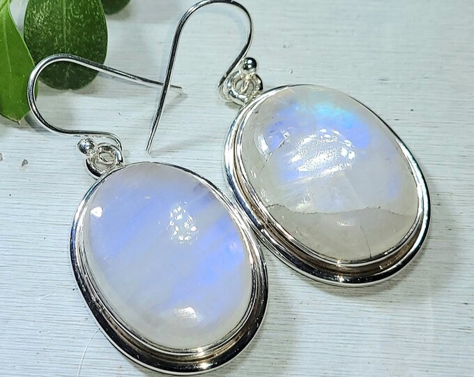 Natural Top Grade Blue Flash Oval Moonstone .925 Sterling Silver Earrings 14 Grams 1 1/2" x 3/4" AQ23