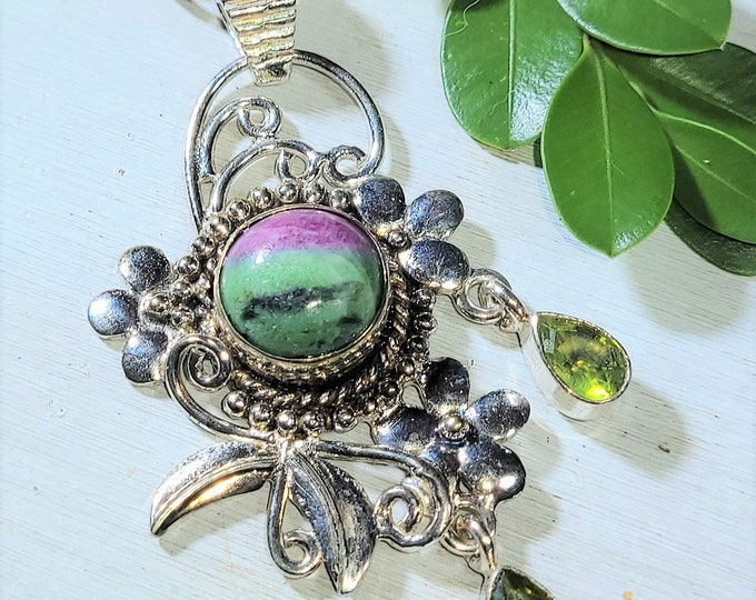 Natural Unique Design Ruby Zoisite & Peridot .925 Sterling Silver Pendant 2 3/8" x 1 3/8" 12 Grams A19