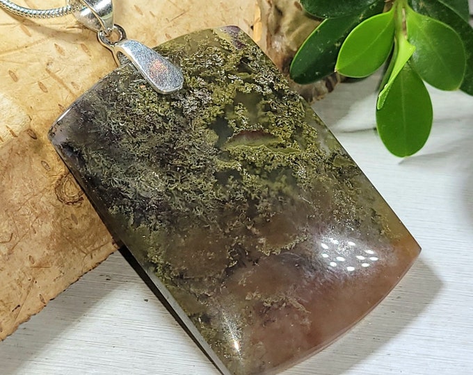 Natural Premium Grade Plume Moss Agate Cabochon .925 Sterling Silver Pendant 2 1/8" x 1 1/8" CE03 Sterling Silver Heavy Duty Bail