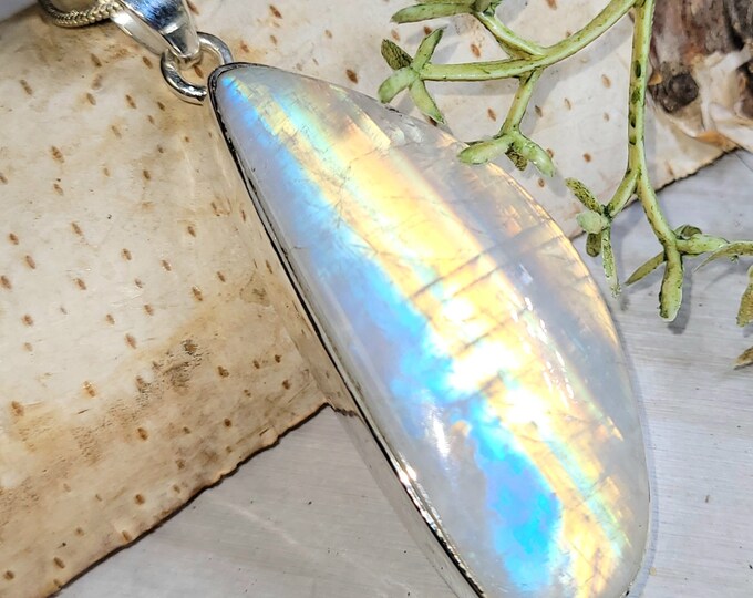 Moonstone Pendant, Rainbow Moonstone, Freeform Moonstone Sterling Silver Pendant, Multi Color Flash, Gift for Her, Handmade Pendant, GJ21