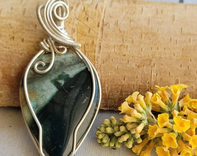 Natural Polychrome Jasper Pear wire wrapped .925 Silver Pendant, Sterling Silver Wire Wrapped pendants, Handmade Stone Jewelry CV29