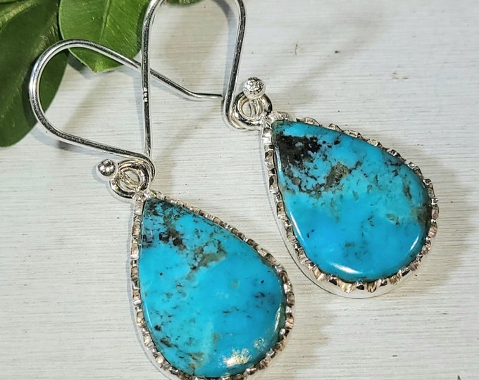 Natural Premium Grade Arizona Kingman Turquoise Handmade .925 Crown Prong Sterling Silver Earrings 6 Grams 1 1/2" x 5/8" CH18
