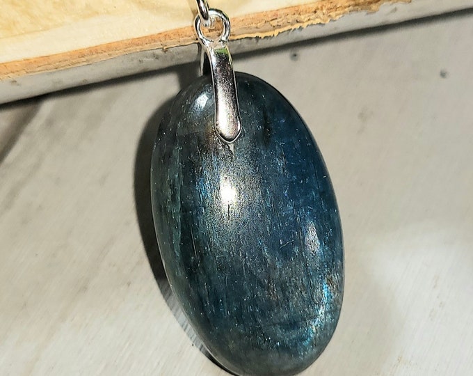Natural Top Grade Oval Apatite Cabochon .925 Sterling Silver Pendant 1 3/8" x 5/8" EH16 Sterling Silver Bail