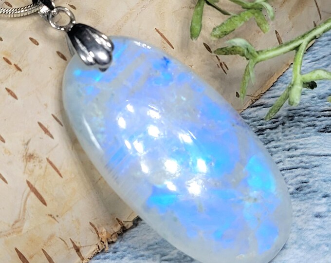 Moonstone Pendant, Blue Flash Moonstone Oval Cabochon Sterling Silver Pendant, Gift for Her, Handmade Moonstone Pendant, JA06