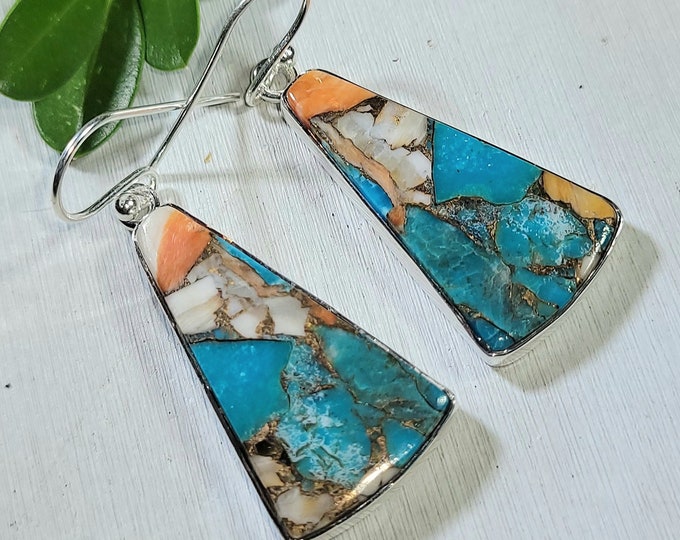Natural Top Quality Spiny Oyster Turquoise .925 Sterling Silver Earrings 8 Grams 1 3/4" x 5/8" EZ06