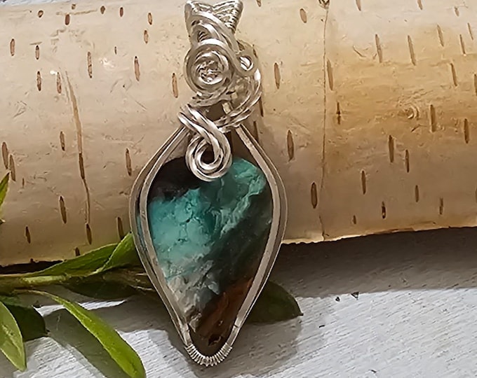 Natural Blue Opalized/Petrified Wood wire wrapped .925 Silver Pendant, Sterling Silver Wire Wrapped pendants, Handmade Stone Jewelry FW37