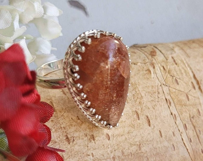 Natural Sunstone Sterling Silver Ring, Top Quality Sunstone Ring Designer Crown Prong Handmade Boho Ring, Size 7