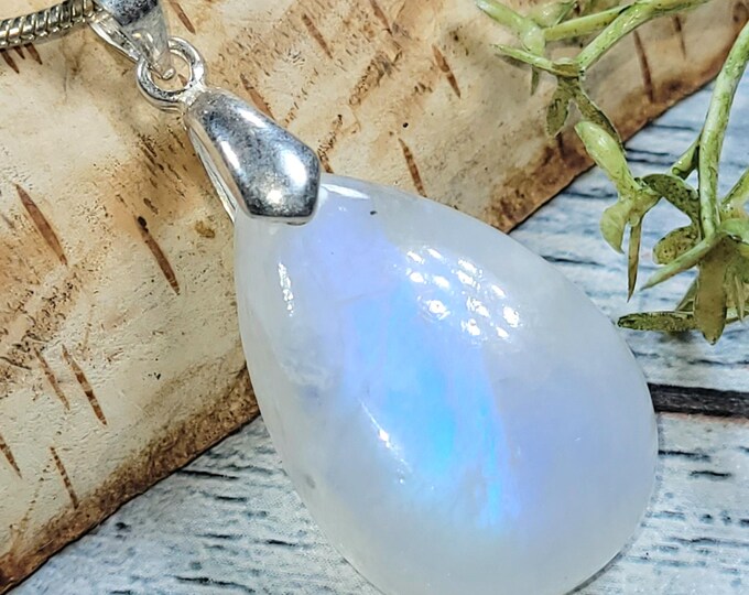 Moonstone Pendant, Blue Flash Moonstone Pear Cabochon Sterling Silver Pendant, Gift for Her, Handmade Moonstone Pendant, HT20
