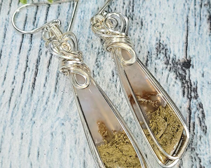 Moss Agate Earrings, Moss Agate Wire Wrapped Earrings, Sterling Silver Wire Wrapped Earrings, Green Moss Agate Wire Wrap Earrings JF26