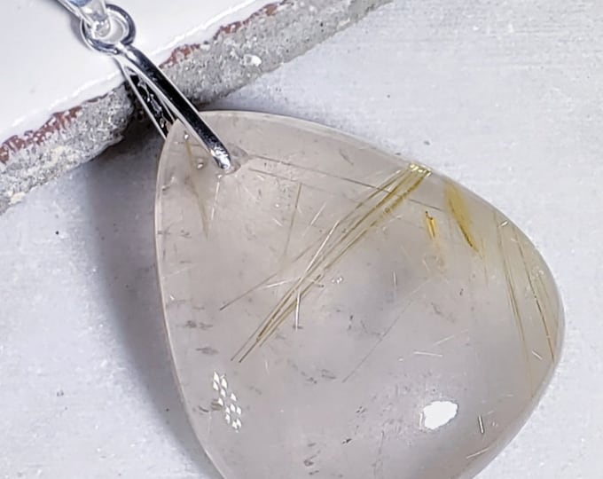 Natural AAA Golden Needle Rutilated Quartz Pear Cabochon .925 Sterling Silver Pendant 1 7/8" x 1 1/8" EA10 Heavy Duty Bail