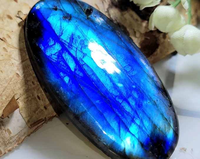Natural Premium Blue Flash Labradorite Oval Cabochon 75ct 48mm x 23mm Wire Wrapping, Weaving, Pendant, Collector LF01