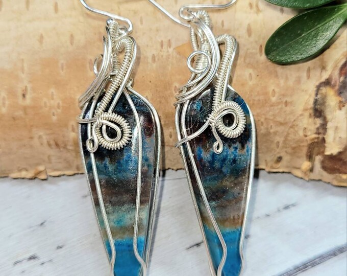 Blue Opalized Earrings, Opalized Sterling Silver Wire Wrapped Earrings, Petrified Wood Earrings, Hand Wrapped Earrings, Gift for Her DT15