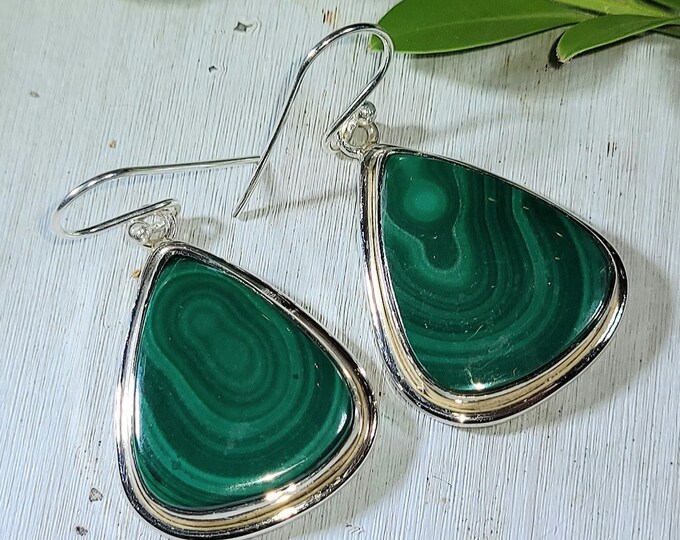 Natural Top Quality Malachite .925 Sterling Silver Earrings 13 Grams 1 5/8" x 7/8" EN39