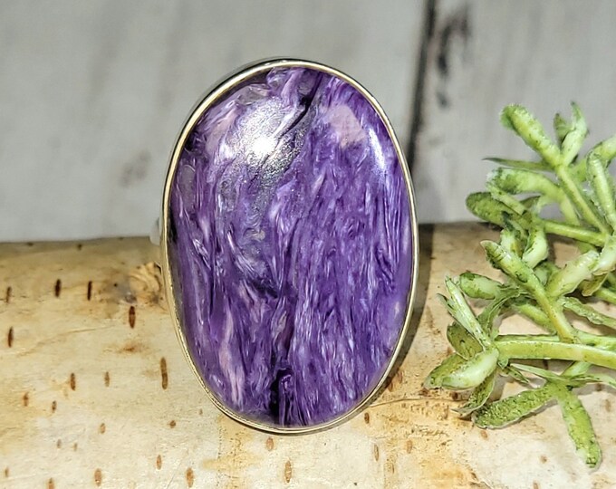 Charoite Ring, Charoite Sterling Silver Ring, Oval Charoite Ring, Size 7.25, Statement Ring, Handmade Charoite Ring, Gift for Her, HJ