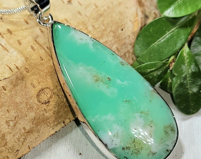 Natural Good Quality Australian Chrysoprase Handmade .925 Sterling Silver Pendant 2 1/4" x 7/8" 10 grams CF37