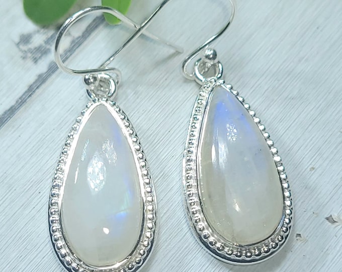 Natural Choice Grade Blue Flash Pear Moonstone .925 Sterling Silver Earrings 10 Grams 1 5/8" x 9/16" CM10 Gift for Her Genuine Moonstone