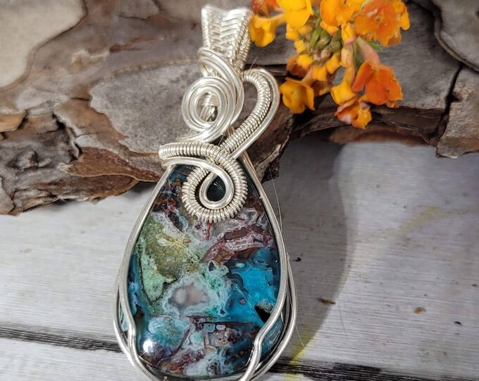 Petrified Wood Blue Opal Stone Pendant, Blue Opal wire wrapped .925 Silver Pendant, Sterling Silver Wire Wrapped pendants, Handmade DB12