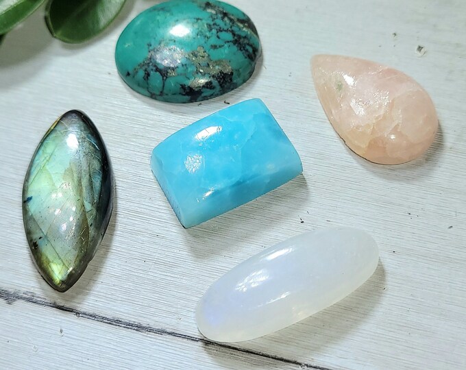 Natural Labradorite, Hemimorphite, Moonstone, Morganite & Tibet Turquoise 80ct Cabochons Mixed Lot 5 Stone Wire Wrap, Weaving ML07