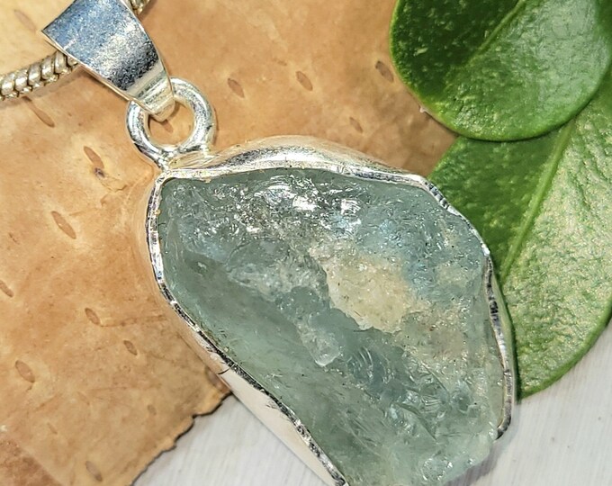 Natural Genuine Large Raw Aquamarine Rough Cut Handcrafted  .925 Sterling Silver Pendant 15/16" X 5/8" 5.4 Grams FW01