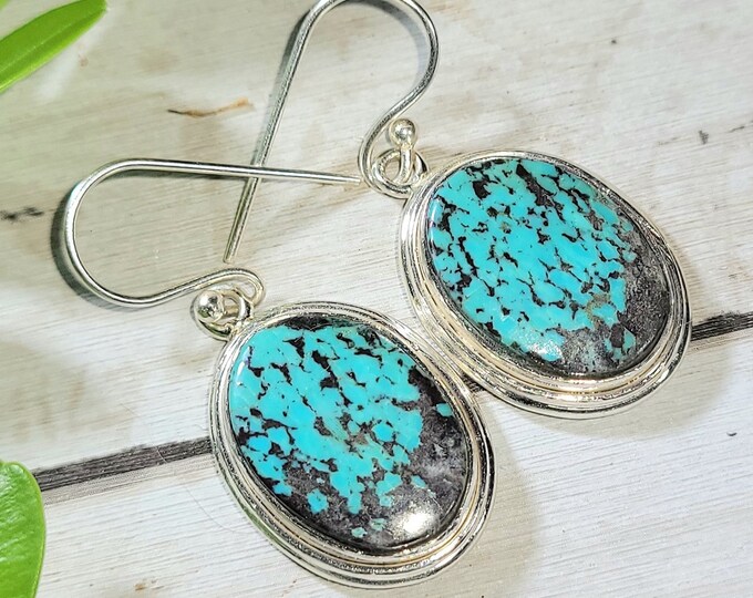 Natural Top Quality Tibet Turquoise .925 Sterling Silver Earrings 8 Grams 1 7/16" x 5/8" EK23