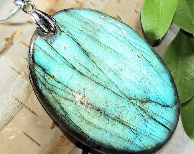 Natural High Grade Multi Flash Labradorite Oval Cabochon .925 Sterling Silver Pendant 2 " x 1 1/8" EP07 Sterling Silver Rhodium Plated Bail