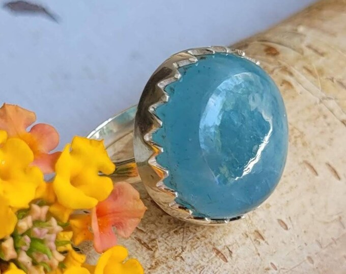 Natural Aquamarine Sterling Silver Ring, Aquamarine Boho Ring, Statement Ring; Handmade Ring, Premium Quality Aquamarine Ring Size 7.5