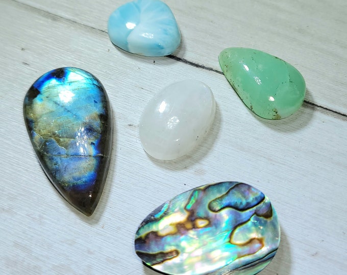 Natural Labradorite, Abalone, Moonstone, Chrysoprase & Larimar 110ct Cabochons Mixed Lot 5 Stone Wire Wrap, Weaving ML13