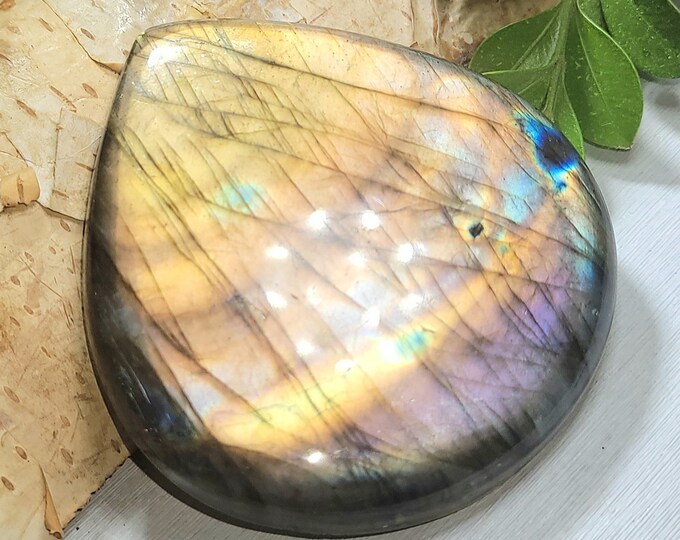 Natural Top Grade Multi Fire Labradorite Pear Cabochon 205ct 41 Grams 54mm x 50mm Wire Wrapping, Weaving or Pendant, Collector AJ26