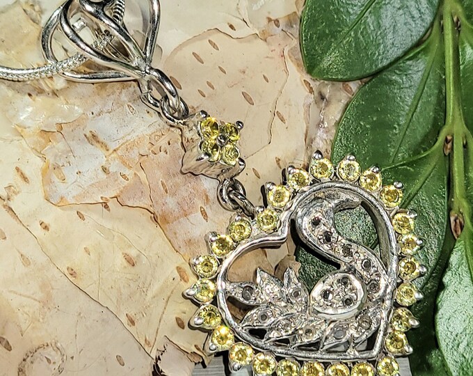Natural Yellow, Clear Zircon Heart  .925 Sterling Silver Pendant measures 1 7/8" x 1" 7 Grams J27