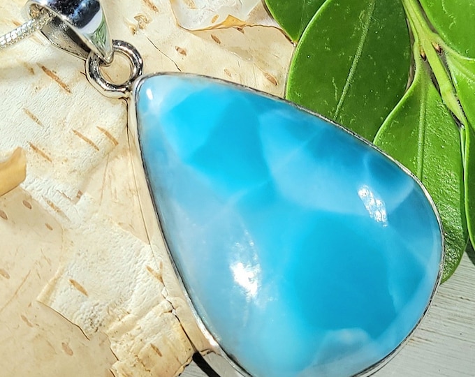 Natural AA Dominican Larimar Handmade .925 Sterling Silver Pendant 1 5/8" x 15/16" 10 grams EU10