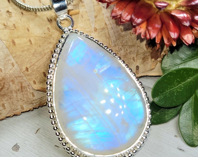 Natural AAA Multi Blue Flash Rainbow Moonstone Handmade Pear .925 Sterling Silver Pendant 2 1/8" x 1 1/8" 17 Grams CT28