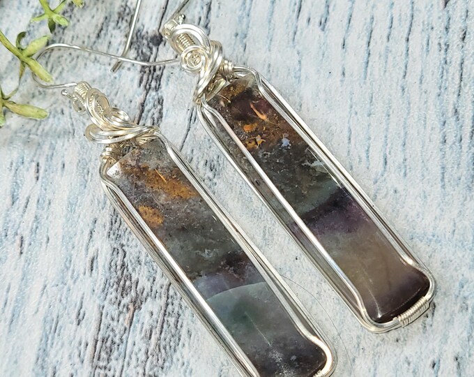 Moss Agate Earrings, Moss Agate Wire Wrapped Earrings, Sterling Silver Wire Wrapped Earrings, Multi-Color Moss Agate Wire Wrap Earrings JG09