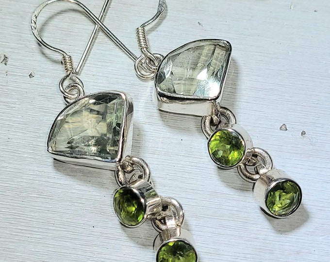 Natural Green Amethyst & Peridot .925 Sterling Silver Earrings 7 Grams 1 5/8" x 13/16" V26
