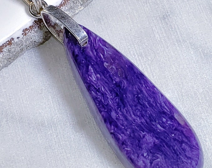 Natural AAA Charoite Pear Cabochon .925 Sterling Silver Pendant  2 1/4" x 5/8" EC07 Sterling Silver Heavy Duty Bail